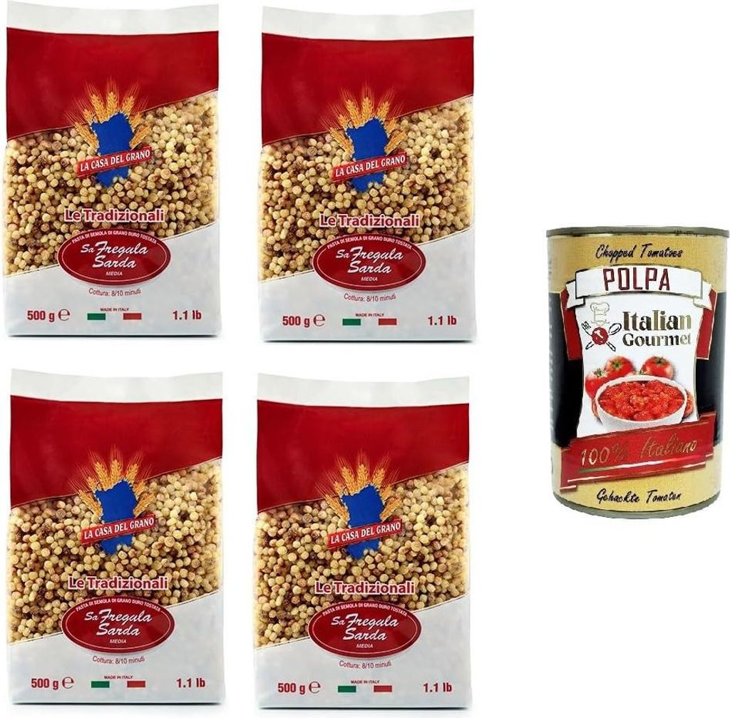 A collage of four bags of pasta and one can of tomatoes.