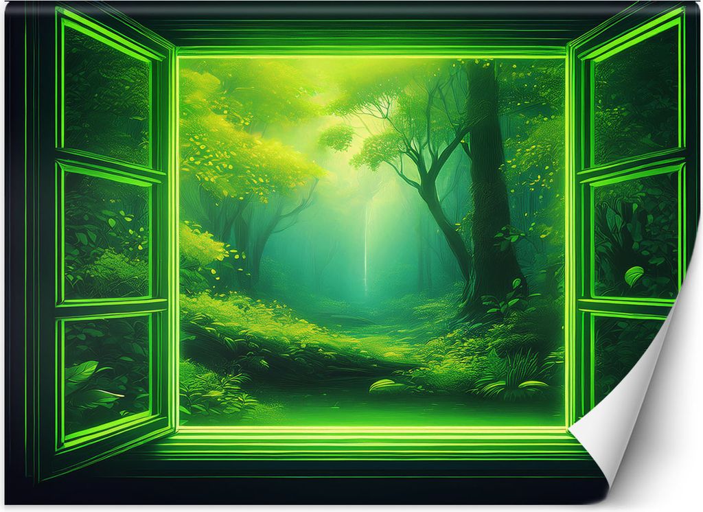 Vlies fototapete Blick aus dem Fenster Grüner Wald Natur 450x315 cm Feeby Grün inkl. Kleber einfache Montage