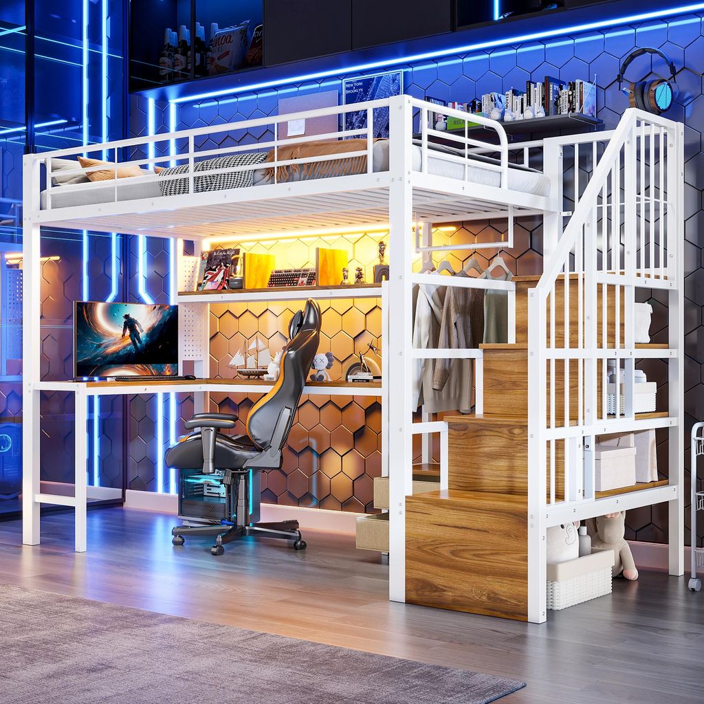 Merax Etagenbett Hochbett 90x200cm, Kinderbett mit Schreibtisch, Regalen, Treppe, 2 Schubladen, Gitter, LED-Beleuchtung, Jugendbett Stockbett, Weiß