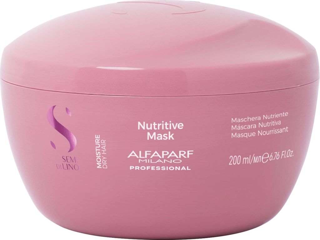A pink jar of Alfaparf Milano hair mask.