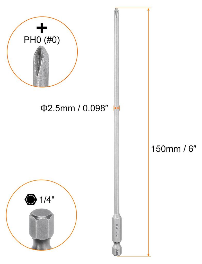 PH0 Phillips Schraubendreher Bit Set mit 1/4" Sechskantschaft, 2.5mm Stab 150mm Lang Magnetische Kreuzkopf Bitsatz S2 Stahl Bohrer Elektrowerkzeug ...