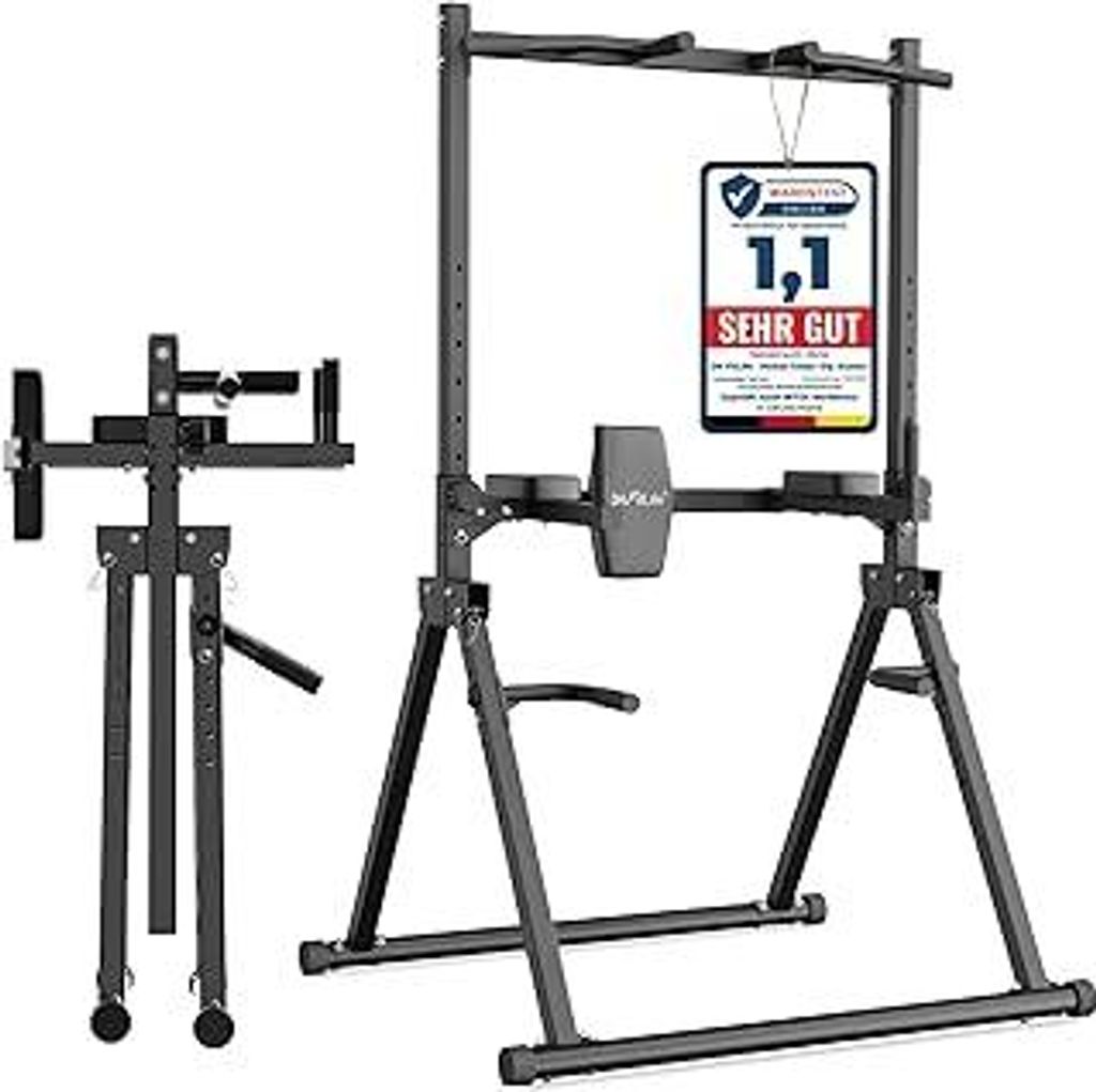 DH FitLife Faltbar Power Tower Dip Station | Klimmzugstange Freistehend mit Dip Barren u. Hantelablagen/Rückenlehne | Kraftstation Kraftturm | Fit...