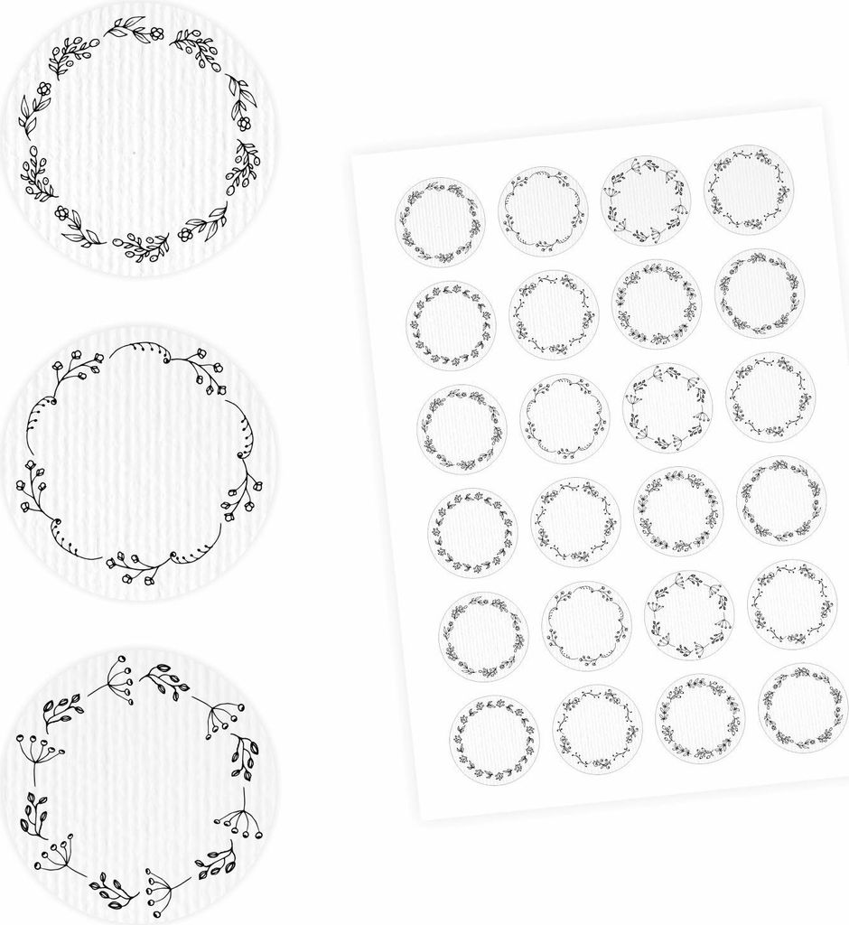 24 Universaletiketten - Blumenranke weiß - rund 4 cm Ø - Haushaltsetiketten Sticker Aufkleber