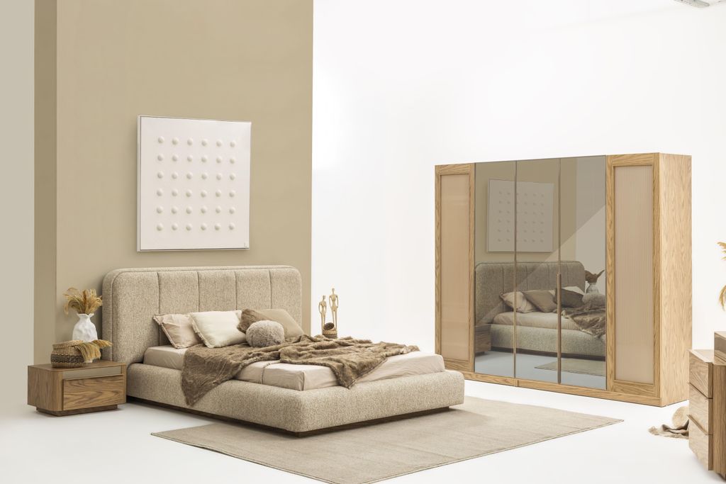 Stilvolles Schlafzimmer-Set: Bett, Nachttische & Schrank in Beige