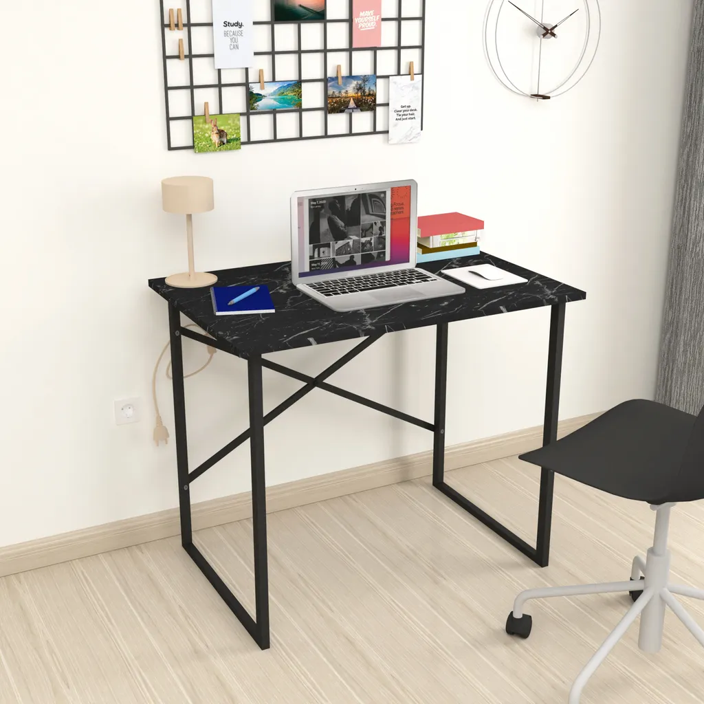 Scrivania Tjeldsund scrivania per ufficio 75 x 90 x 60 cm scrivania da lavoro struttura in metallo tavolo per computer portatile marmo, nero