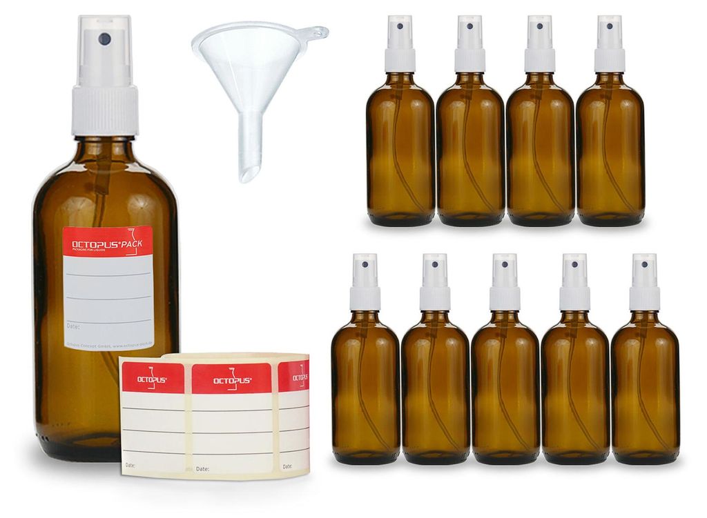 10 flacons en verre brun de 100 ml, G18, vaporisateur Image du produit 
