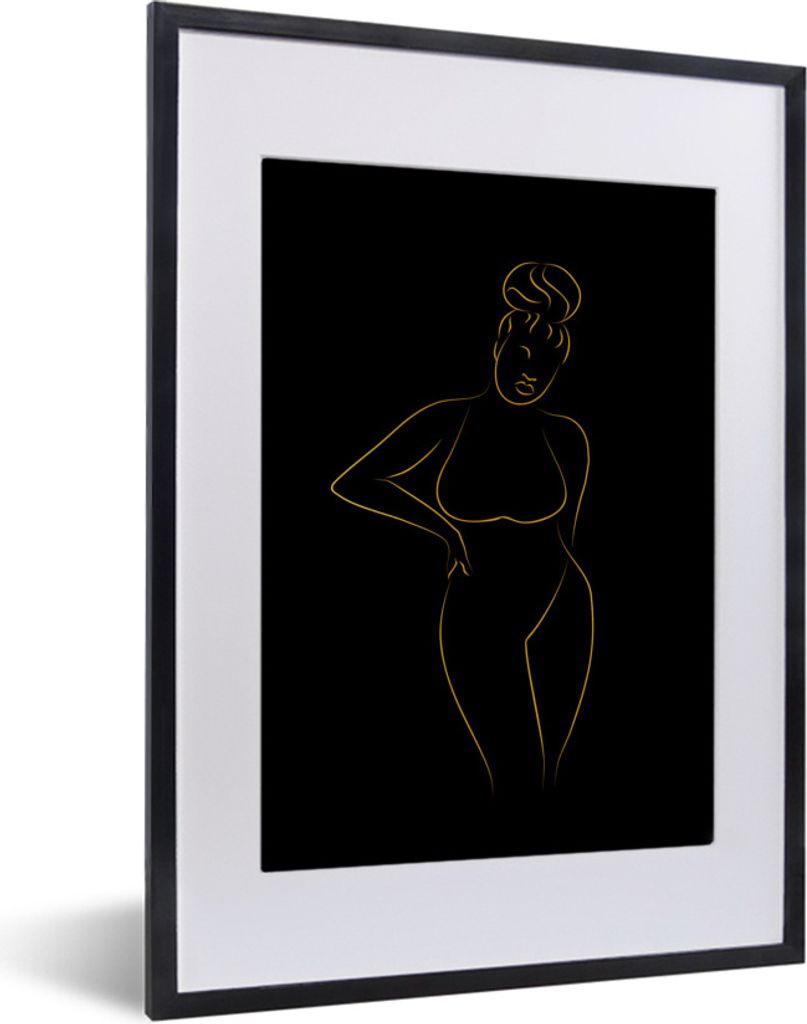 MuchoWow Gerahmtes Poster Frau - Schwarz - Gold - Strichzeichnung 30x40 cm - Poster mit Schwarzem Bilderrahmen Wandposter Rahmen Foto Bilder - Wa...