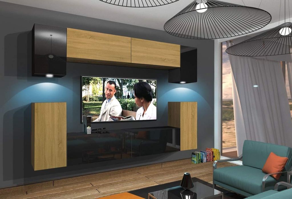 Furnitech Wohnwand Wohnzimmer - Hängend Wohnwand Modern - Regale und TV Schrank - Wohnzimmer Möbel ohne LED (Rodos AN43-17BD-HGM49 1B)