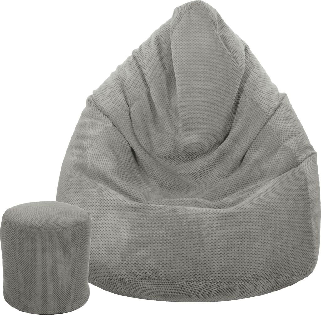 A gray beanbag chair and a matching ottoman are shown against a white background.