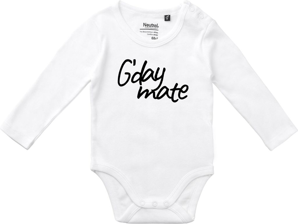 Huuraa Baby Body G`day mate Spruch 62 White Baumwolle Fairtrade Langarmbody Geschenkidee
