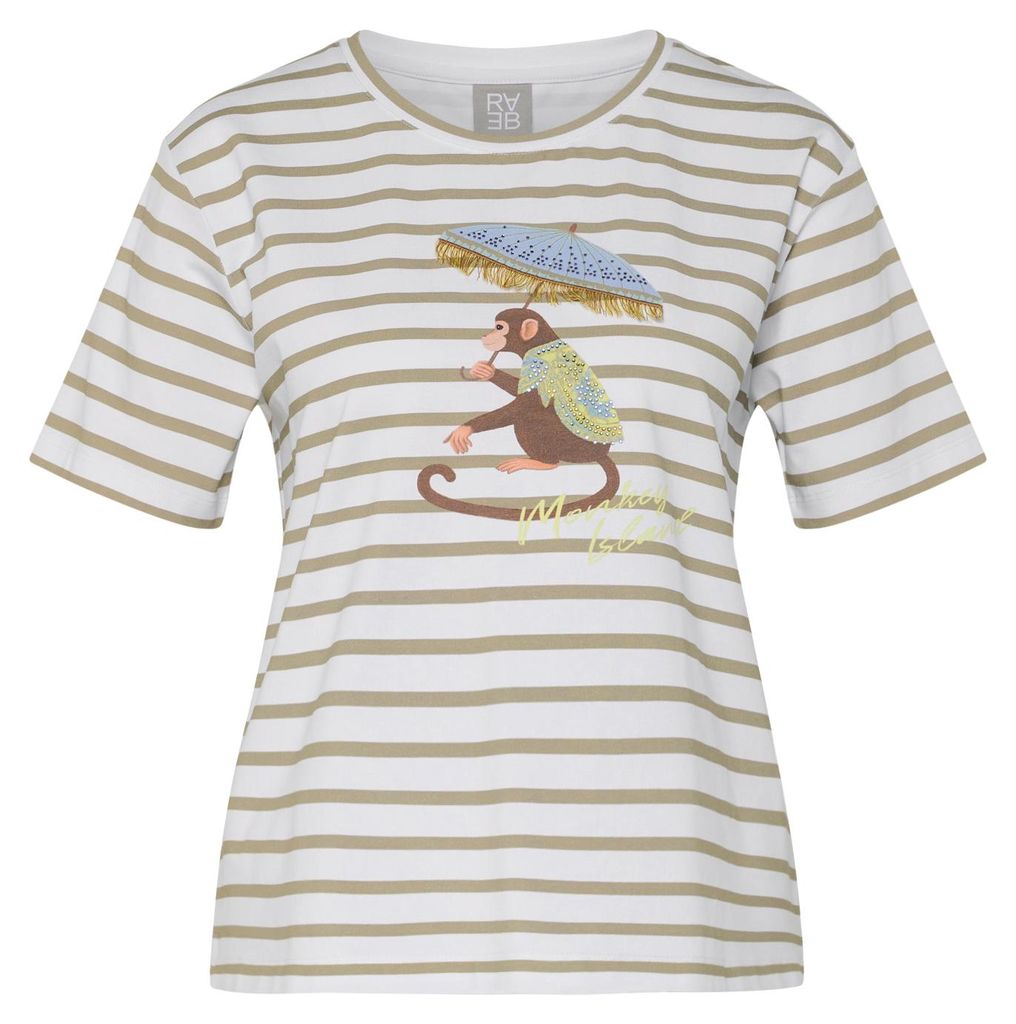 Rabe Damen T-Shirt Grün Größe 40, Streifenmuster, Affen-Motiv mit Strass und Fransen