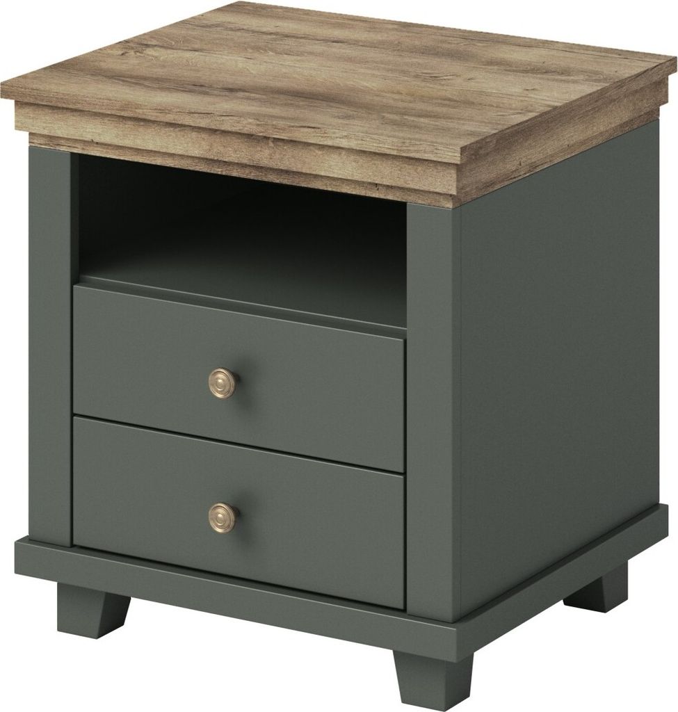 Nachttisch Evora 22 - 2 Schubladen, Grün/Eiche Lefkas, Laminatplatte, klassischer Stil, 90x81x42cm, Furniture24