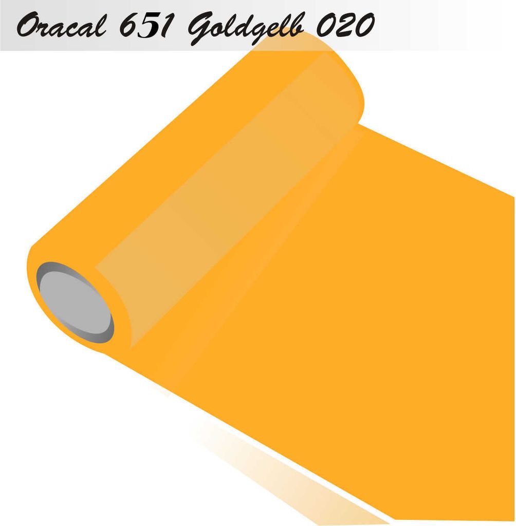 Oracal 651 - Orafol Folie 10m (Laufmeter) freie Farbwahl 55 glänzende Farben - glanz in 4 Größen, 31,5 cm Folienhöhe - Farbe 20 - goldgelb