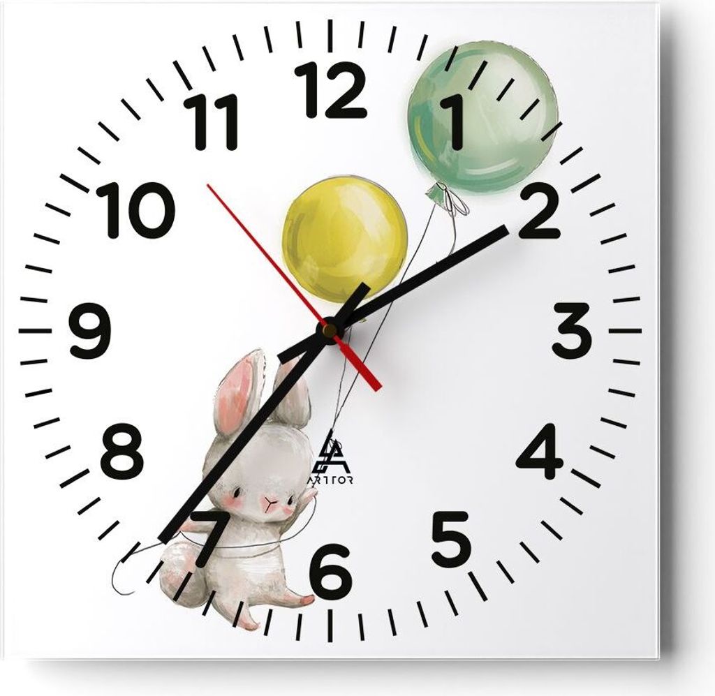 Wanduhr - Quadrat - Glasuhr - Häschen Luftballons Kinder - 30x30cm - Schleichendes Uhrwerk - Lautlos - zum Aufhängen bereit - Dekoration Modern -...