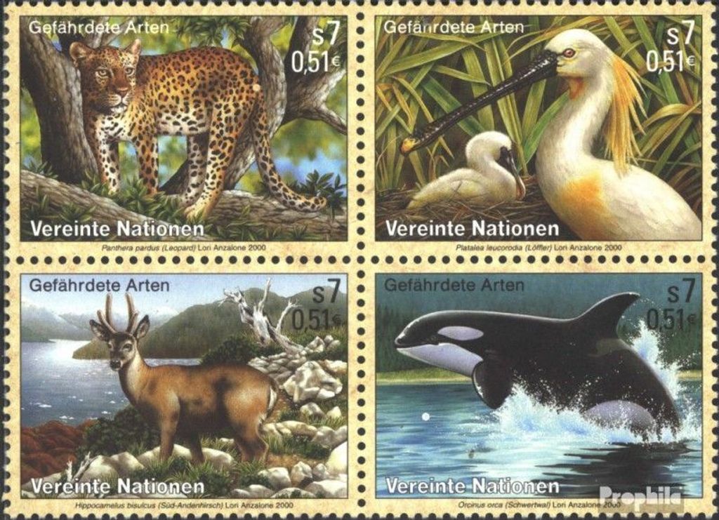 Briefmarken UNO - Wien 2000 Mi 303-306 Viererblock (kompl.Ausg.) postfrisch Gefährdete Tiere