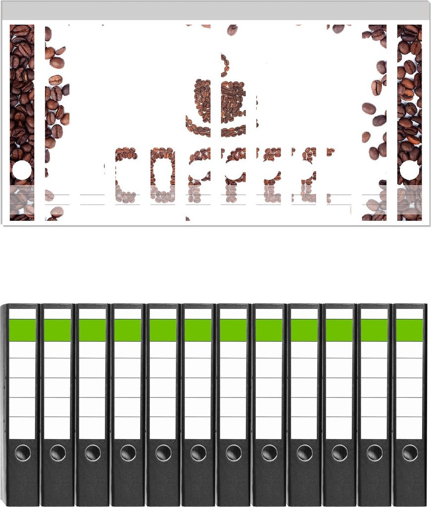 Wallario 12 Stück schmale Ordner inkl. Klebeetiketten mit Motive Kaffee Schrift aus Kaffeebohnen - Set mit Rückenschildern / Ordnerrücken Stickern