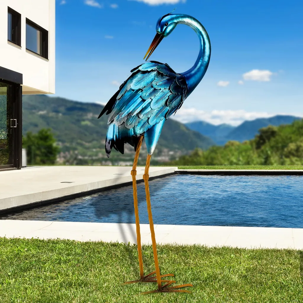 Duo de Grues de Jardin en Métal Bleu, Sculptures d'Extérieur Décoratives