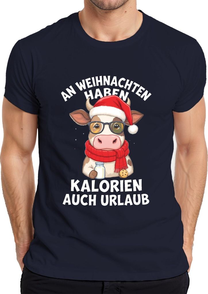 An Weihnachten haben Kalorien auch Urlaub Kuh Geschenk Lustig Herren T-Shirt, Navy, 3XL