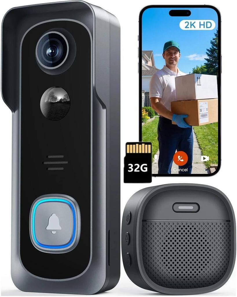 2K HD WLAN türklingel mit kamera Funkklingel mit Kamera haustürklingel mit kamera Alexa Nachtsicht PIR Bewegungserkennung 2-Wege-Audio mit 32G Karte