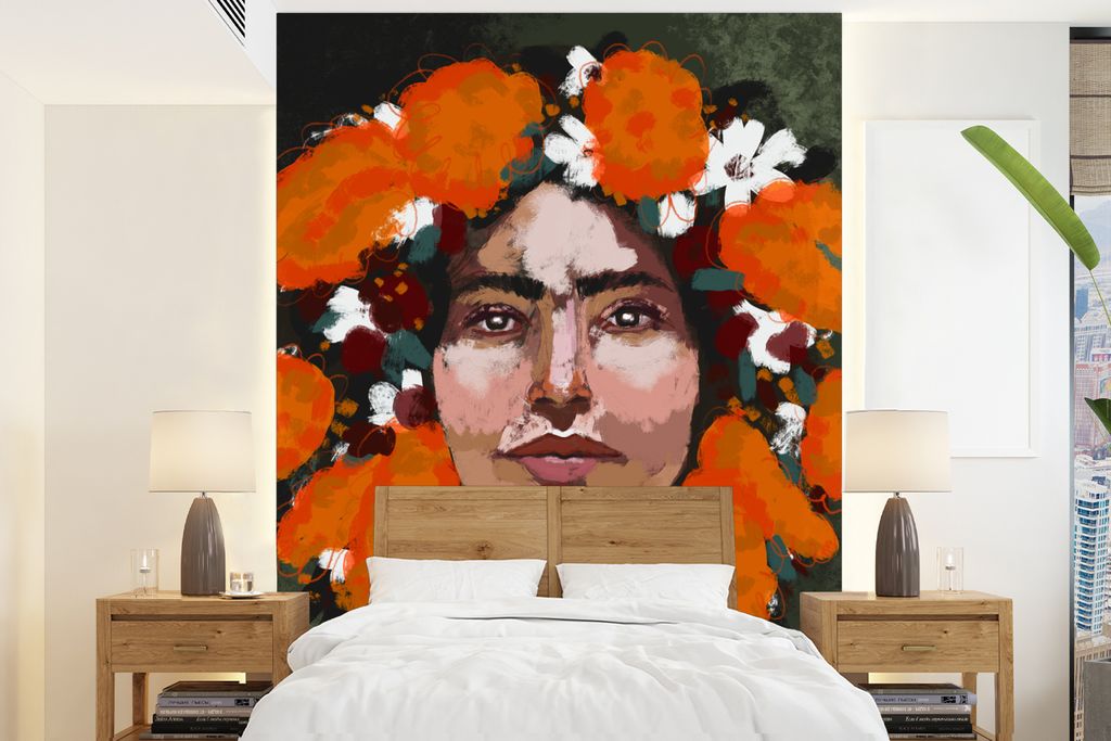 MuchoWow Fototapete für Wohnzimmer oder Schlafzimmer Wandtapete Vinyl Motivtapete Abstrakt - Frau - Porträt - Gemälde - 165x220 cm - Wanddekor...