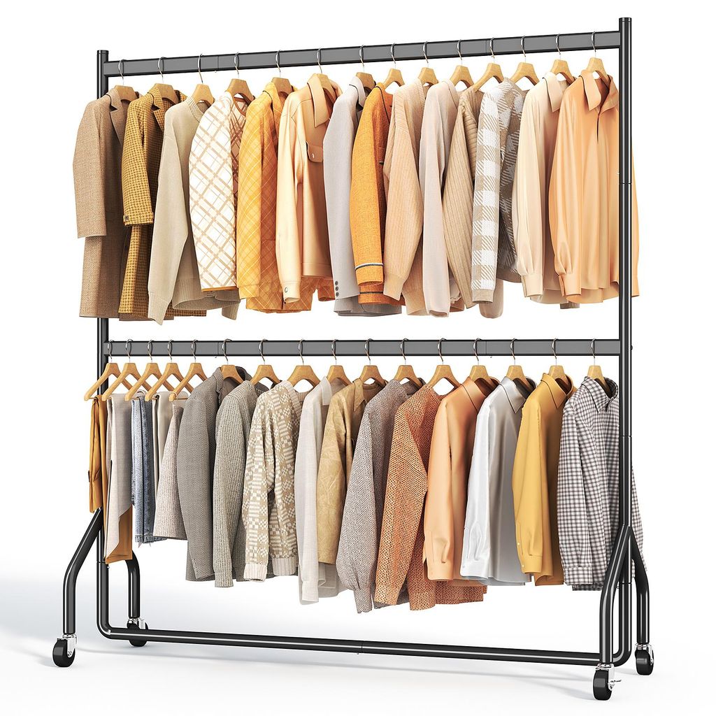 HOKEEPER Schwerlast Kleiderständer auf Rollen,Kleiderstange Doppelt Metall für Hängende Fahrbarer Klamotten Closet Garderobe Rack, 152x46x220cm