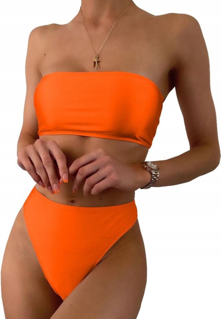 Badeanzug - Zweiteilig - für Damen - trägerloses Oberteil - Bikini - Hoch geschnittene Hose - Orange - L