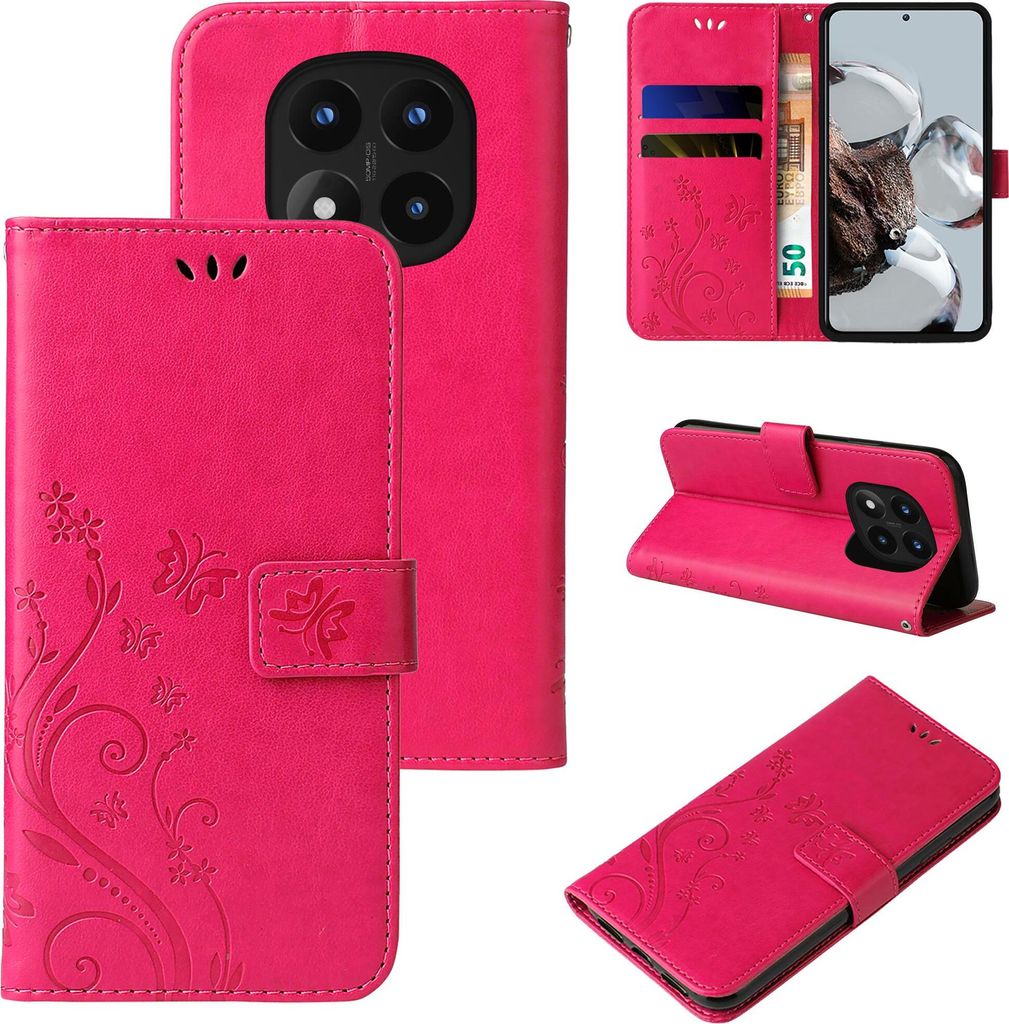 A collage of images showing a pink floral and butterfly patterned flip phone case for a Xiaomi Redmi Note 14 Pro 5G / 14 Pro+ 5G.