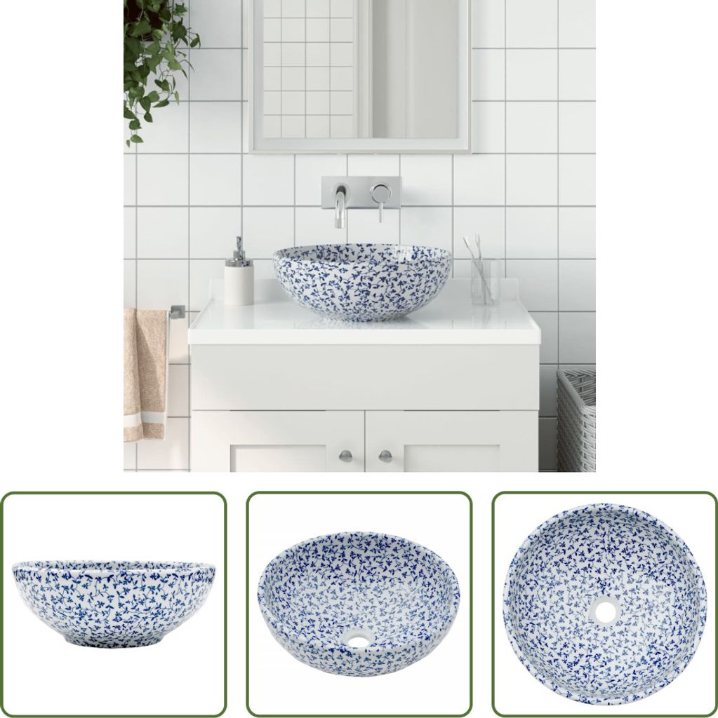 The Living Store Aufsatzwaschbecken Weiß und Blau Rund Ø41x14 cm Keramik