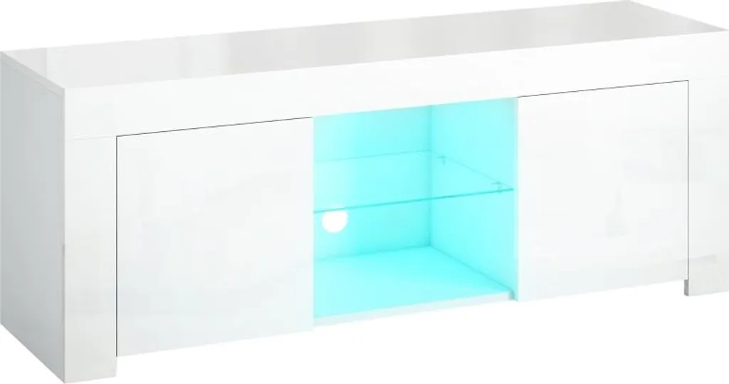 Banc TV LED Moderne Blanc Fortuna Lai avec Rangement et Portes 140cm