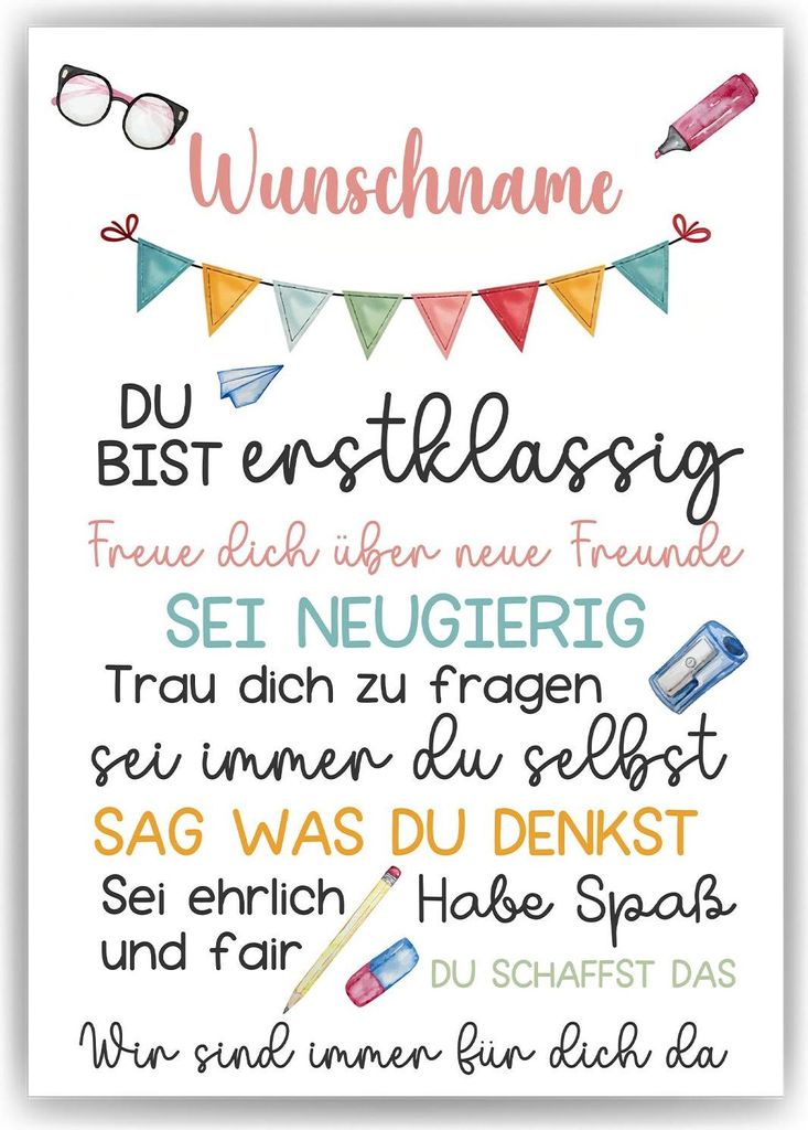 Personalisiertes Geschenk zum Schulanfang Affirmation Motivation Schulkind – DIN A4 (21x29.7cm)