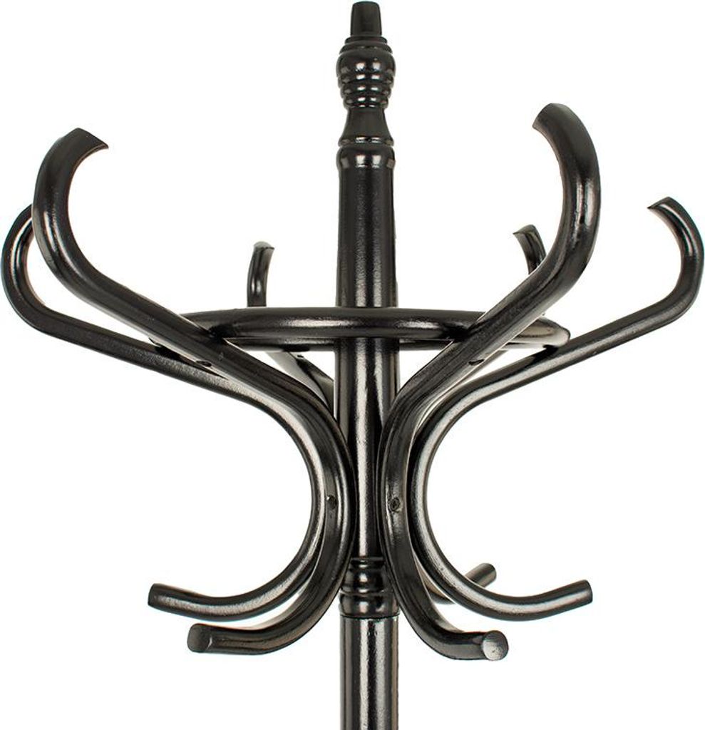 A black coat rack with multiple hooks.