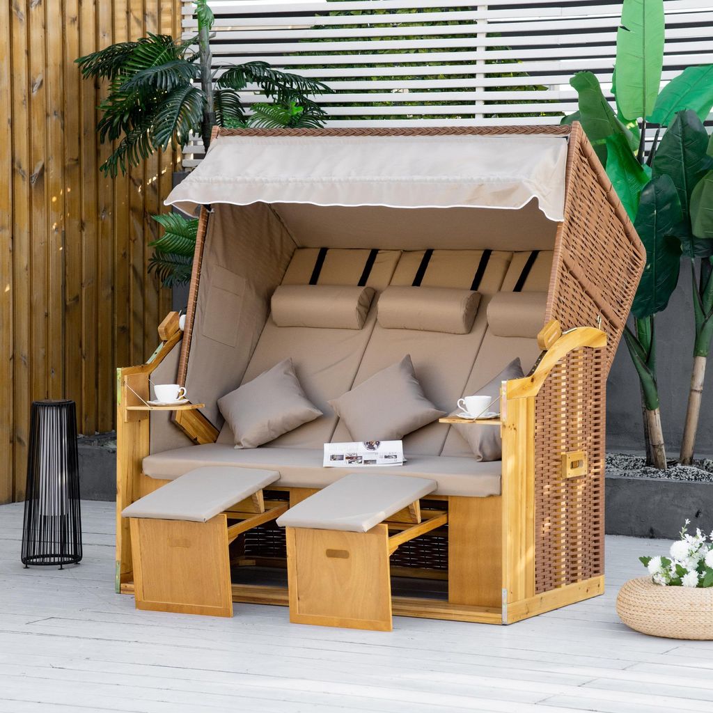 Strandkorb 3-Sitzer PE-Rattan mit Dach, Sonnenliege Chaiselongue wetterfest, Polyrattan Stahl Holz, Natur | 150x79x160 cm | 5-stufig verstellbar