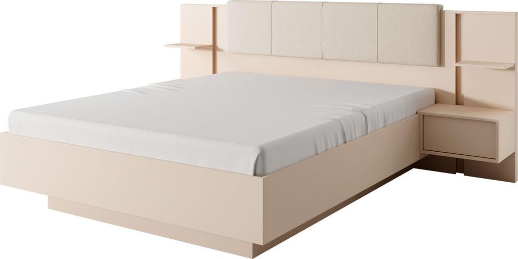 Bettrahmen mit Gepolstertem Kopfteil - Skandinavisches Bett mit Tische 2er Set mit Bettkasten Stauraum – 160x200 cm Beige – Minimalistische Wan...