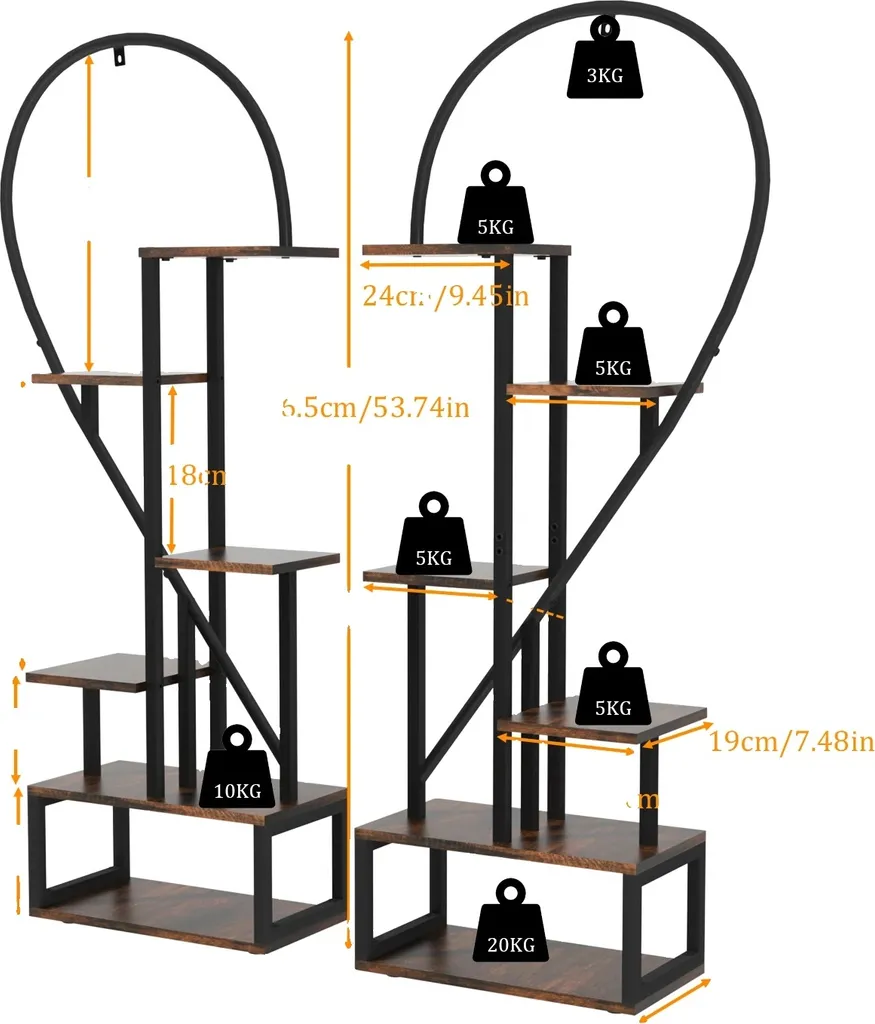 Support pour plantes en forme de cœur noir et marron à 6 étages design