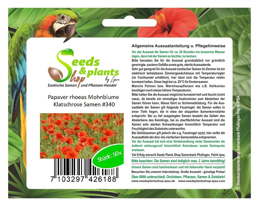 50x Papaver rhoeas Mohnblume Klatschrose Garten Pflanzen - Samen #340