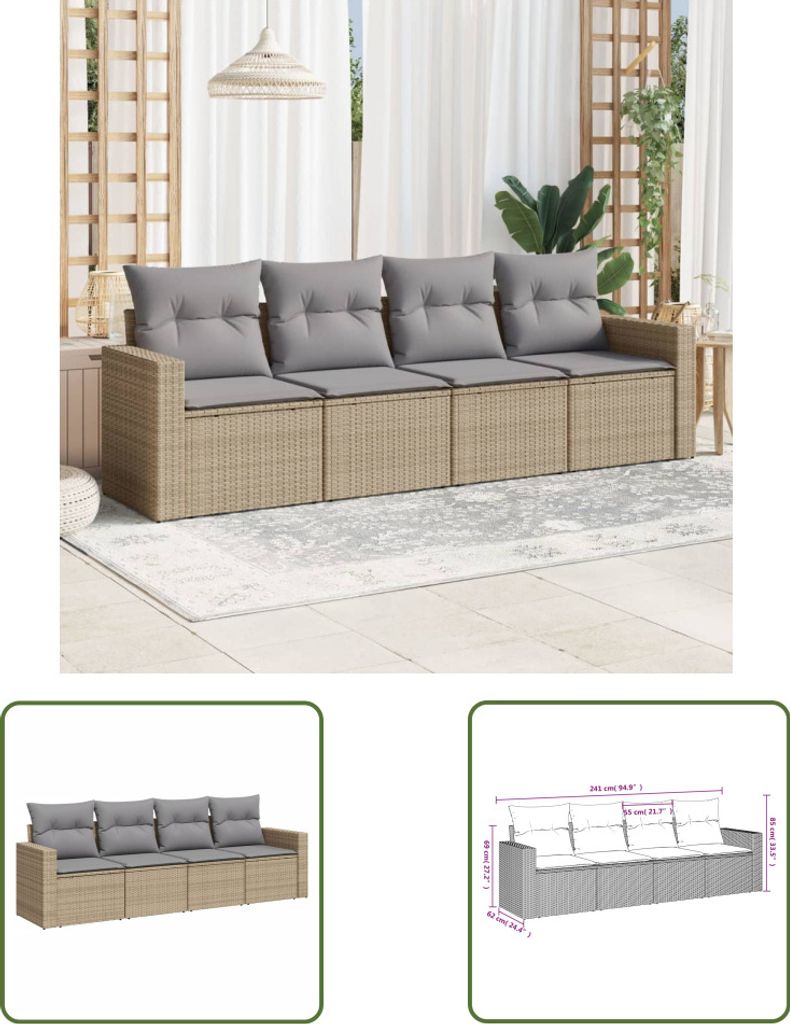 The Living Store 4-tlg. Garten-Sofagarnitur mit Kissen Beige Poly Rattan