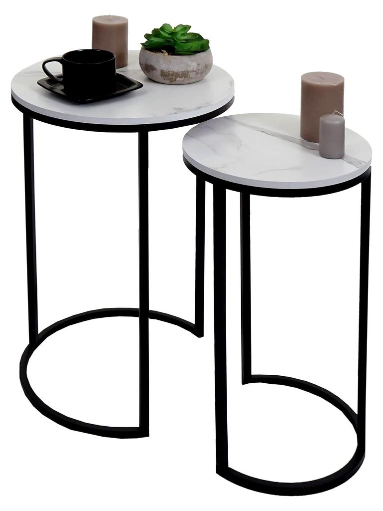 2er-Set Beistelltisch, Kaffeetisch Nachttisch Loungetisch, Marmor-Optik MDF - weiß-schwarz