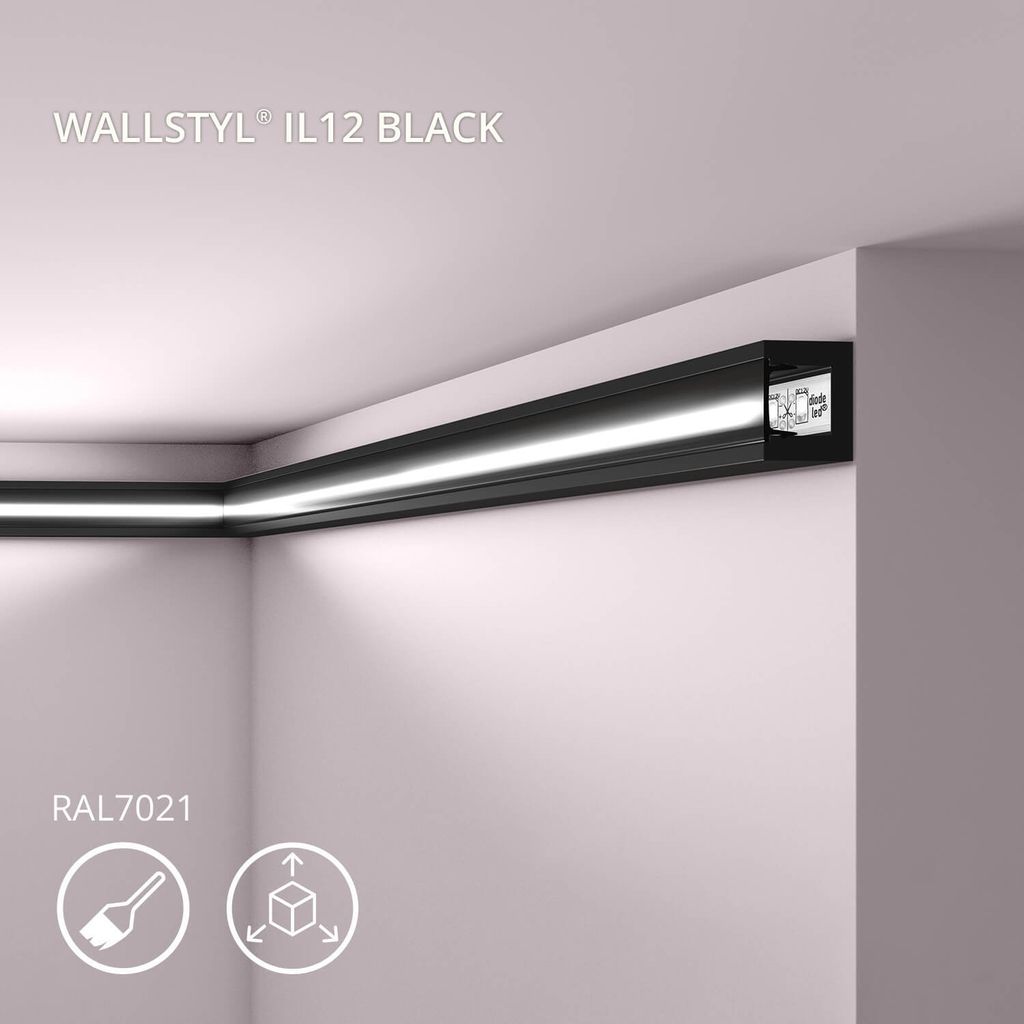 A black LED light strip installed in the corner of a room, illuminating the ceiling and walls.