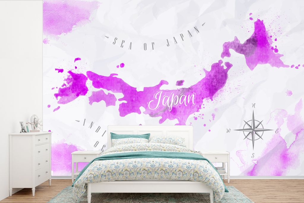 MuchoWow Fototapete für Wohnzimmer oder Schlafzimmer Wandtapete Vinyl Motivtapete Karten - Japan - Ölfarbe - 420x280 cm - Zimmer für Kinder