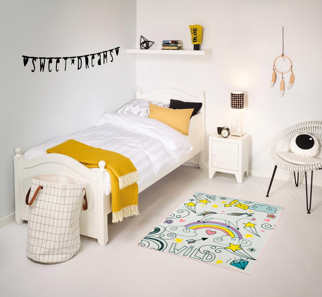 Kinderteppich Einhorn Wild Weiß 95x125 cm mit rutschfester Rückseite