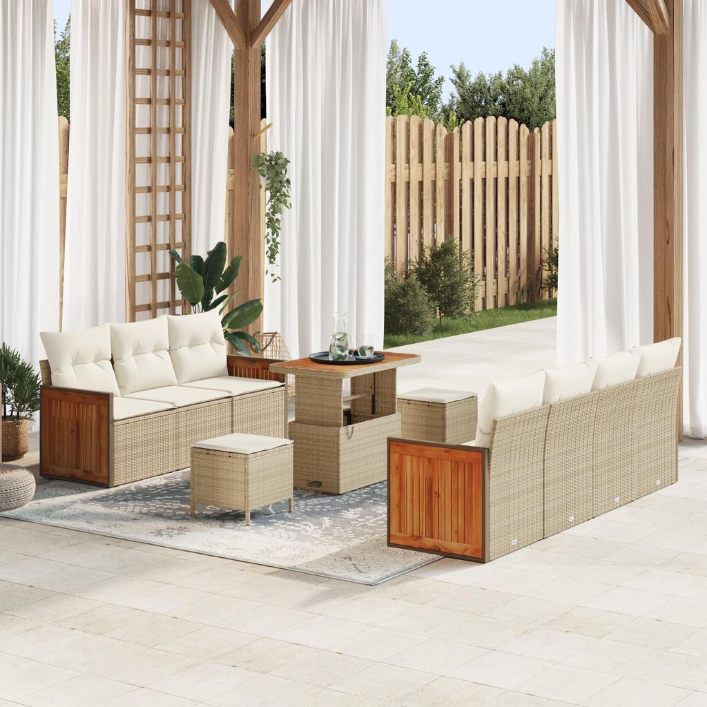 2025 Moderne Gartenlounge Set 10-teiliges Garten-Sofa-Set mit Kissen Beige Poly Rattan Akazie - Terassenmöbel Gartenmöbel Hommie2243910