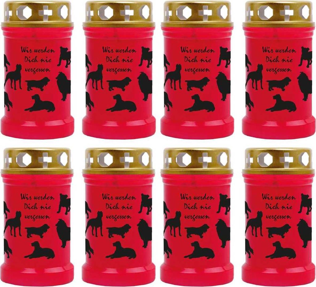 Grabkerze Rot 8er Pack, Brenndauer: 40 Stunden ( je Kerze ), Motiv: Hunde