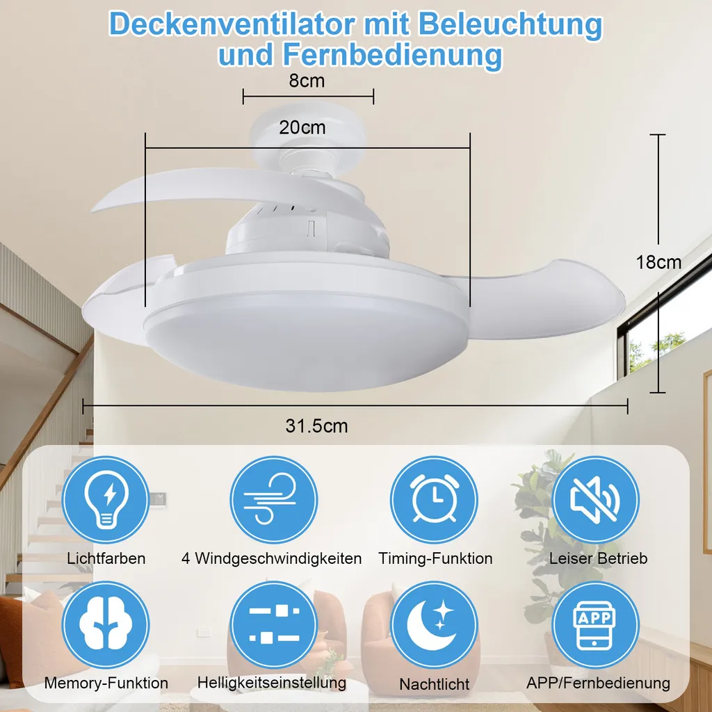 Ventilateur de Plafond E27 avec Éclairage LED et Télécommande - 20cm