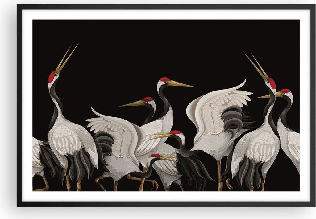 Gerahmtes Poster - Schwarzer Rahmen - Kraniche Vögel Grafiken - 91,5x61 cm - Wand Bild - Wanddeko - Wandbilder - Kunstposter - Wandposter - Bilder...