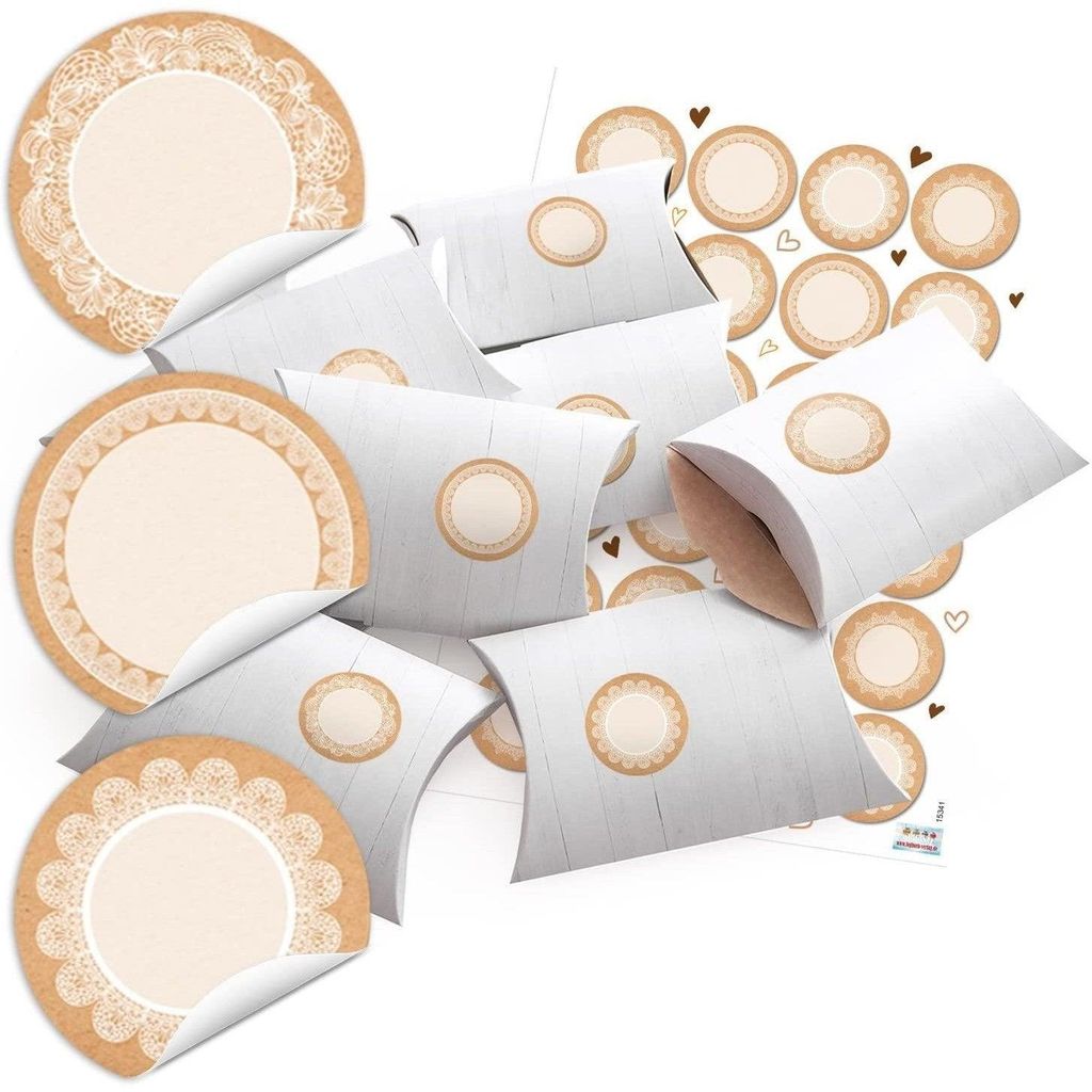 10 kleine Geschenkboxen weiß Geschenkschachtel 14,5 x 10,5 cm 3 cm + 24 runde blanko Aufkleber 4 cm Kraftpapier Spitze vintage weiß beige Verpack...