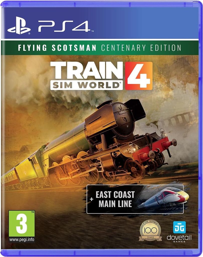 The image shows the front cover of a PlayStation 4 game case for Train Sim World 4: Flying Scotsman Centenary Edition.