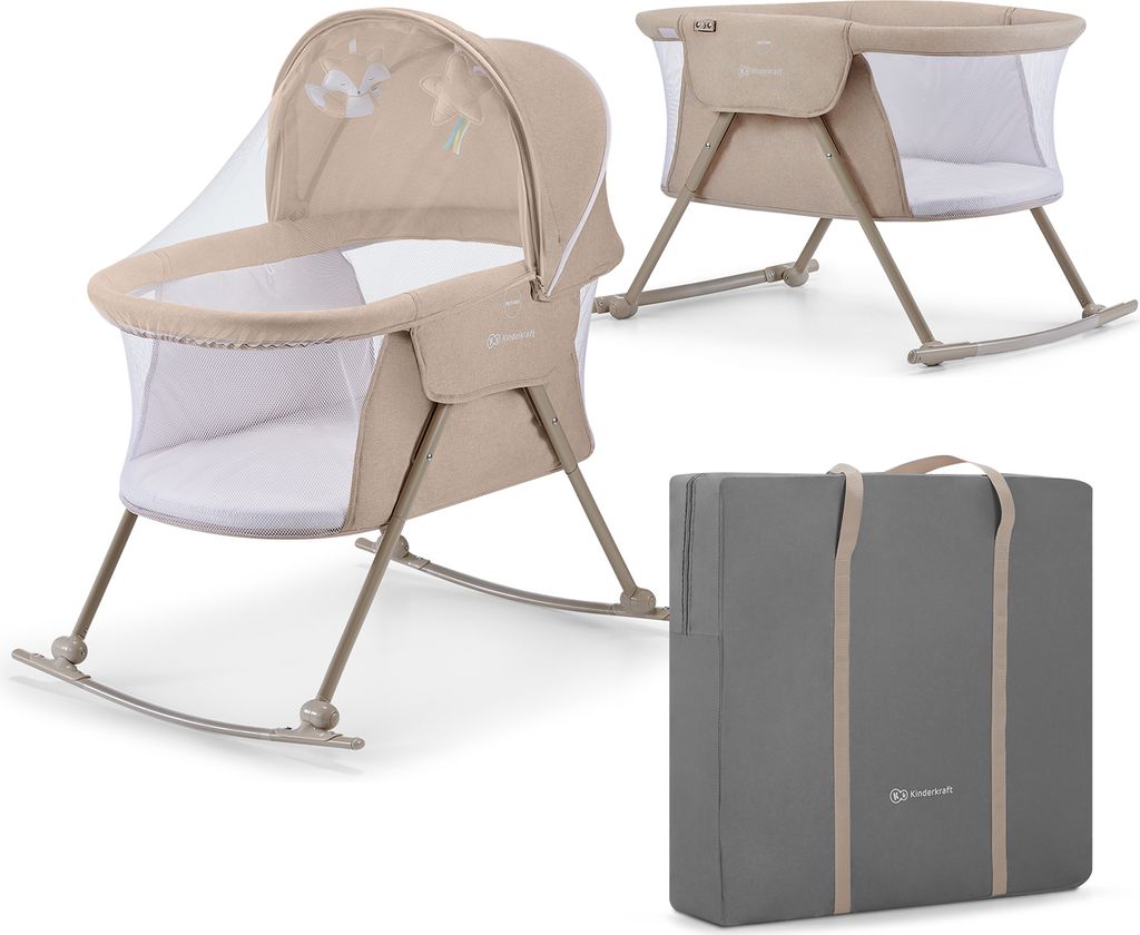 A collage of a baby bassinet, its side view, and its carrying case.