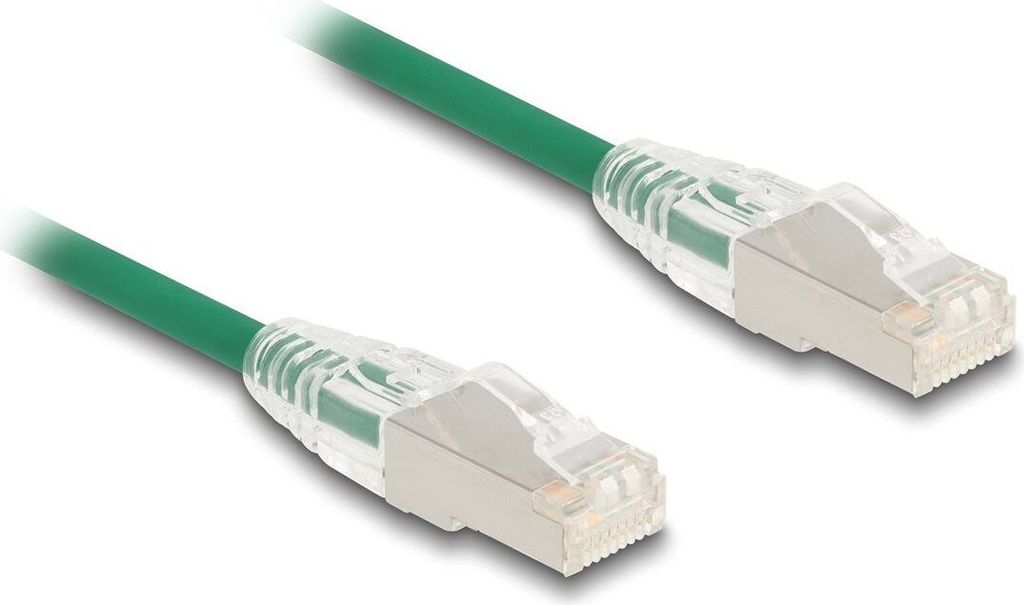 Delock RJ45 Netzwerkkabel Cat.6A Stecker zu Stecker mit gebogener Rastnase U/FTP Slim 0,3 m grün