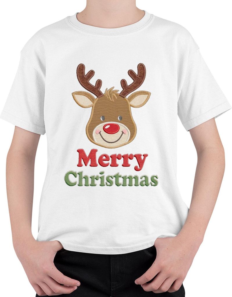 Merry Christmas Rentier Weihnachten Stickerei Bestickt Kinder Uni Kinder T-Shirt, Weiß, 128
