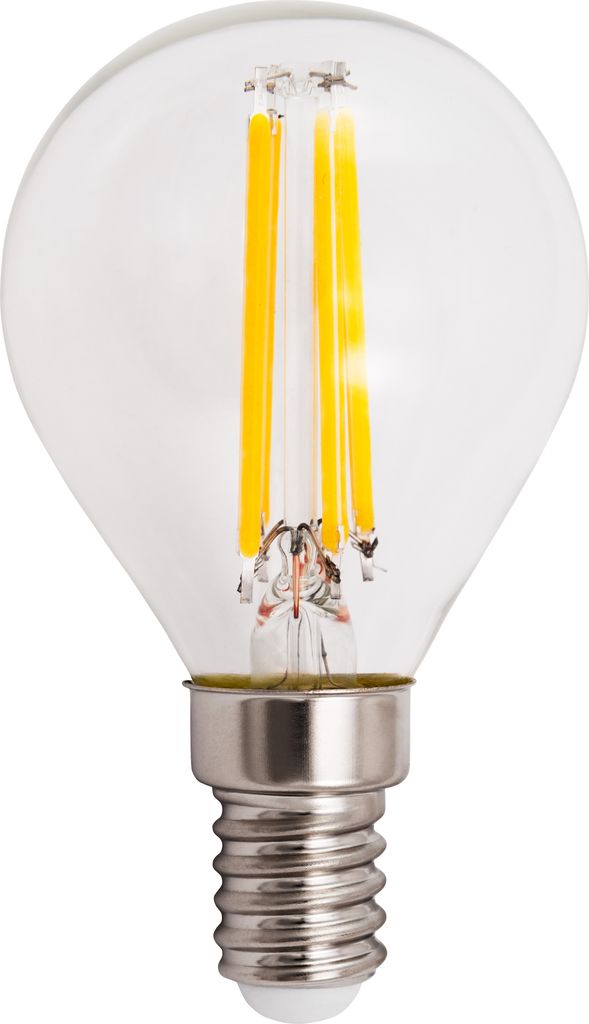 A close-up studio shot of an LED filament light bulb.